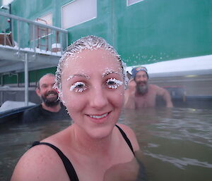 Jen Proudfoot with ice on her eyelashes in the spa at Davis for Midwinter