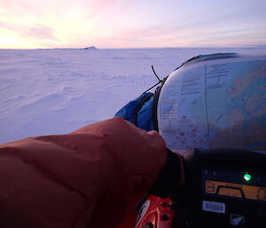 A view from on a quad bike looking out across the sea ice on the way to Deep Lake via Weddell Arm