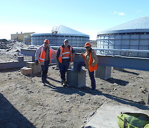 Michael Goldstein, Daniel Mizza and Brett Sambrooks erecting the steel floor beams for the new Hydroponics building