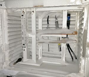 The Stevenson screen which houses our temperature and humidity sensors lined with snow