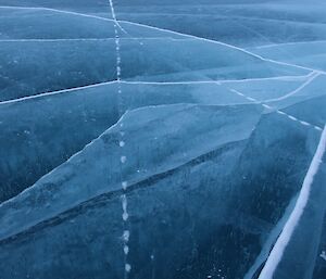 Fractures like curtains in the frozen lake ice in the Vestfold Hills