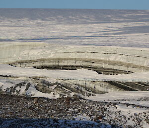 Layers of ice in a side view of the Sorsdal Glacier