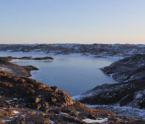 A view of the frozen Crooked Lake from Boulder Hill