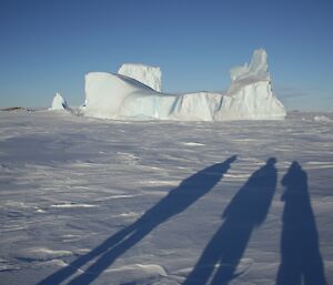 Three long shadows of people on the sea ice