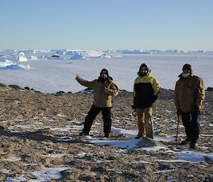 Aaron Stanley, John Parker and Paul Deverall on Gardener Island overlooking the frozen Prydz Bay