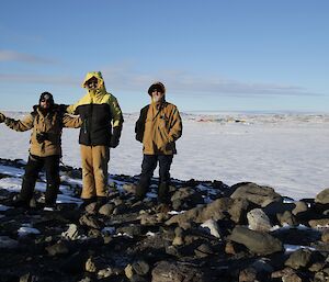 Aaron Stanley, John Parker and Paul Deverall on Anchorage Island. Davis station, the Vestfold Hills and the plateau in the background