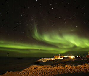 Davis Station with the aurora australis in the skies above on Monday night