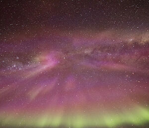 The purple colour intensifies and changes to green as the high speed solar winds travel along the Earths magnetic field over Davis