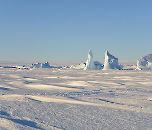 A view of the icebergs with plateau in the background from the sea ice