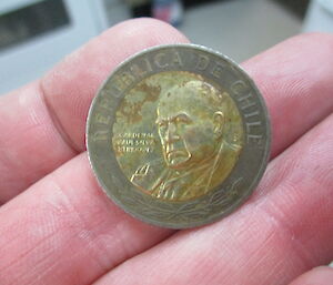 Chilean five hundred peso coin, heads side, found at Davis recently