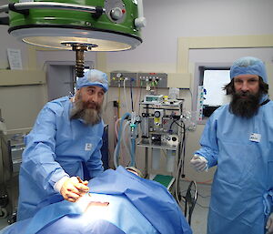 Squeezer the surgical theatre test dummy is examined by Darren White and Ladge Kviz