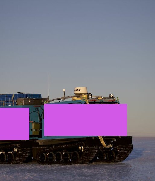 A picture of a Hägglunds painted pink to illustrate what a pink Hagg might look like. This one is depicted on the blue ice of the East Antarctic ice sheet to the south of Davis.