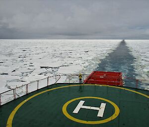 A view looking to the stern of the Aurora Australis as the ship travels through the broken pack ice