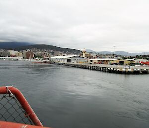 The Aurora Australis pulling away from the wharf in Hobart, Tasmania