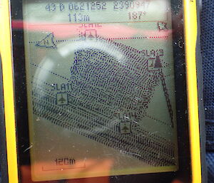 A GPS screen showing the lines followed by the groomer to make the skiway apron at Davis