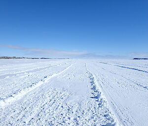 The freshly drag-beamed skiway on the sea ice at Davis