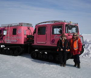 A picture of Davis station leaders Ali Dean (outgoing), and Kirsten le Mar (incoming), leaning against Opal’s front cabin, posing for a happy snapshot, before Opal’s inaugural drive into station.