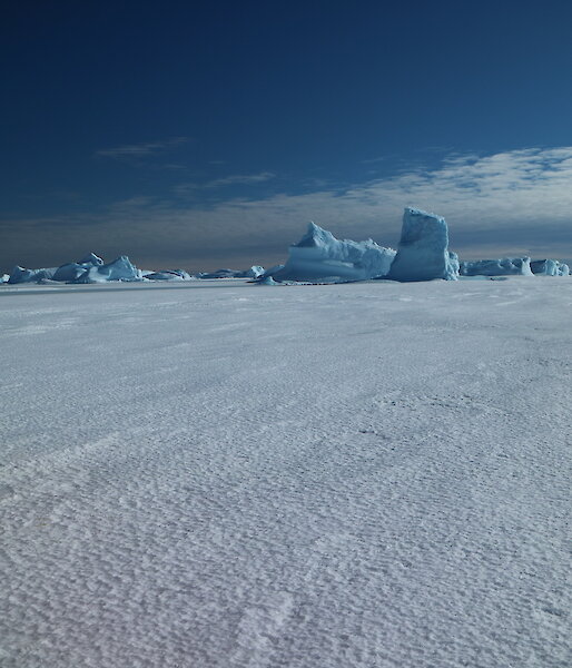 Hägglunds about to drive past a blue iceberg stuck in the sea ice.