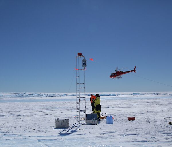 Photo of the tower erected on the glacier, with a helicopter flying overhead, and four people working.