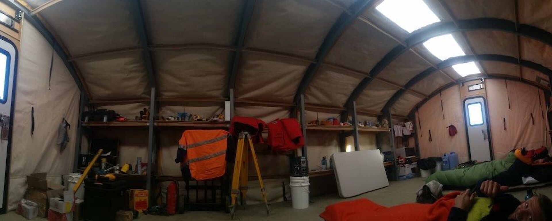 A photo of the team inside the RAC tent where they are spending the night.