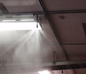 A sprinkler on a ceiling is releasing a very fine mist of spray.
