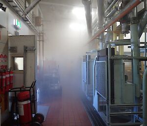 A fine fog is seen inside the Main Power House