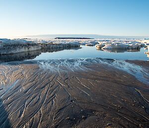 A beach scene, with bergy bits in the water and a beautiful evening light.