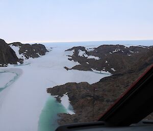 Aerial photo of Trajer Ridge coming down from the plateau, into the Vestfold Hills area.