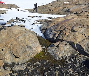 Green moss is visible between some rocks. Lichen can also be seen on some boulders. In the background is a person walking around and a parked helicopter.