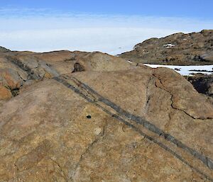 A large brown rock face with two black stripes going through it.