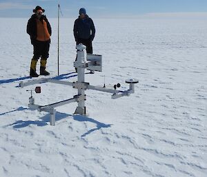Two people (Chris and Nick), are standing on the plateau, looking at some scientific equipment poking above the ice. This needs to be dug out, so they are making a plan.