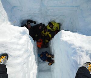 Day 3: Digging team down in the 5m hole in the ice. Team includes: Brandon, Doug, Ladge, Eric, Jock, Darren, Lotter and Gideon.