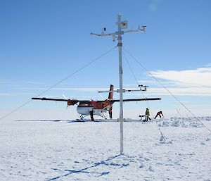 The weather station now sits up on top of the ice. In the background is the Twin Otter and team members packing up the site.