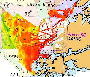 A map colour coded for different ocean depths, radiating west out of Davis.