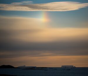 A spot of rainbow colours in the clouds, called a sun dog.