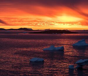 An orange sky with whispy clouds, with icebergs in the foreground.