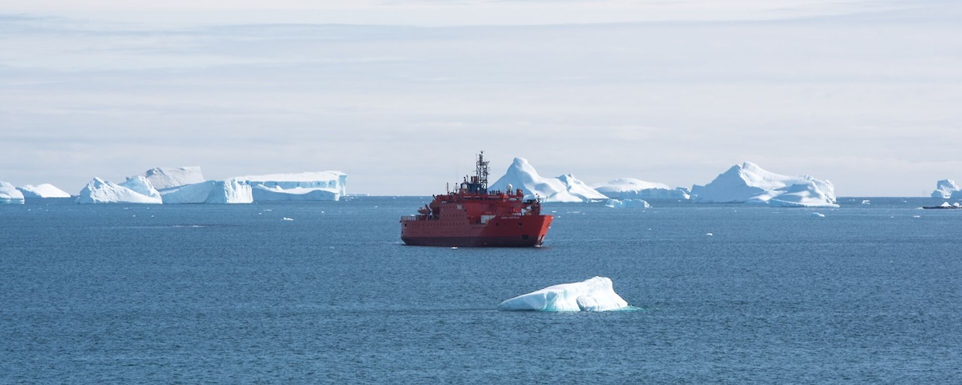 The ship Aurora Australis is anchored out in Prydz Bay. There are big icebergs around it.