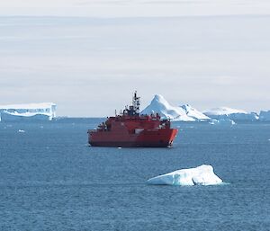 The ship Aurora Australis is anchored out in Prydz Bay. There are big icebergs around it.