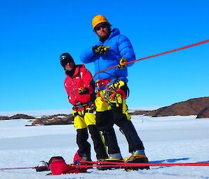 Rhys and Bryce are roped up during cravasse rescue training.