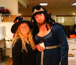 Two expeditioners dressed in costumes, Kirsten is dressed as a witch, while Jock is dressed as a medieval maiden, beard and all.