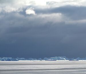 New thin, grey sea-ice extending to the horizon, under a grey sky. Blue icebergs line the horizon.