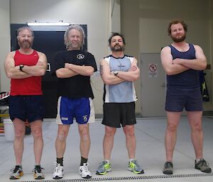 Four expeditioners lined up for a photo before their Beep fitness test.