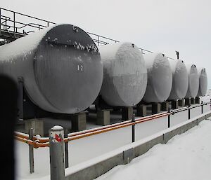 The six big black fuel tanks out on the fuel farm on station.