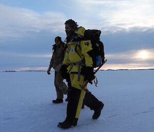 Rob and Barry B2 are out walking on the sea-ice. Barry is carrying an ice-axe
