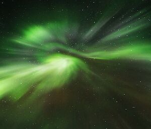 View underneath the green aurora looking straight up where the light is diffracted.