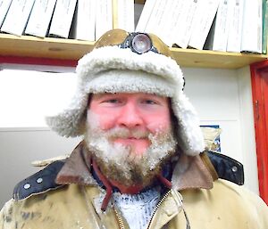 A close up of Jock’s beard covered in ice and snow.