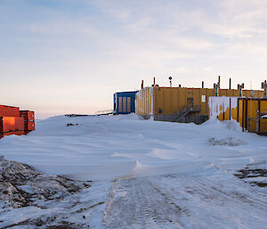 A big dump of snow now lies in front of the yellow science building.