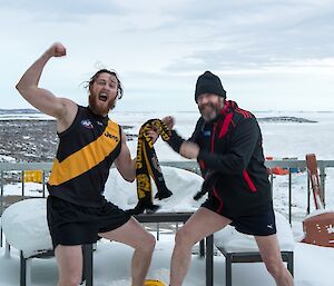 Bryce (Richmond) and Fitzy (Essendon) firing each other up before the game.