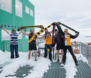 Barry B2 (Geelong Cats), Bryce (Richmond Tigers), Shoey (West Coast Eagles), Fitzy (Essendon Bombers) and Barry B1 (West Coast Eagles), show their true colours.