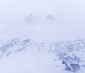 Taken during the blizzard. Lots of snow being blown around has reduced visibility. Building outlines are just detected through the white haze.